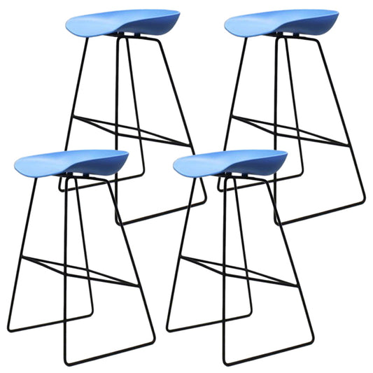 Contemporary Metal Counter Stool Plastic Low Back Furniture with Iorn 4 Legs Blue 4 Piece Set