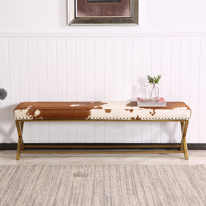 Glam Upholstered Bedroom Bench, Foam Filled Seating Bench with Metal Legs 31.5"L x 16"W x 18"H White-Brown Clearhalo 'Benches' 'Chairs & Seating' 'furn' 'furn_benches' 'Furniture' 'Living Room Furniture' 5672830