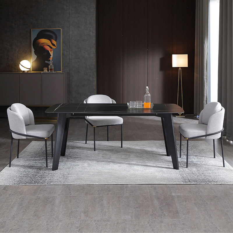 Table à manger noire rectangle industrielle en pierre fritrée avec 4 jambes