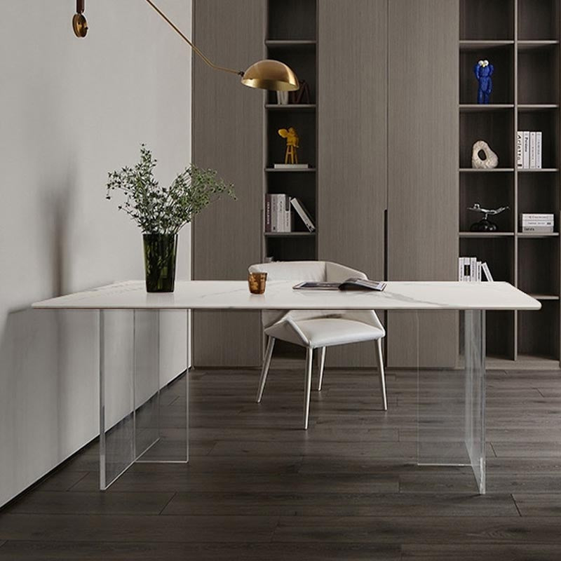 Table à manger à double piédestal en pierre moderne table rectangle blanc pour cuisine