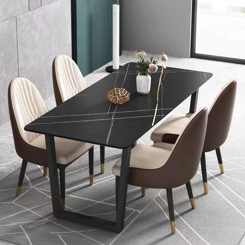 Rectangle Black Base Dining Table Modern Stone Double Pedestal Table 55.1"L x 31.5"W x 29.5"H Without Chairs Clearhalo 'Dining Tables & Seating' 'Dining Tables' 'dining_table' 'furn' 'furn_dining_table' 'Furniture' 'Kitchen & Dining Furniture' 5681753