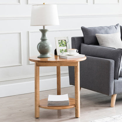 Nordic Style 3 Legs Base Design Round Solid Wood Table with Storage Shelf Side Table