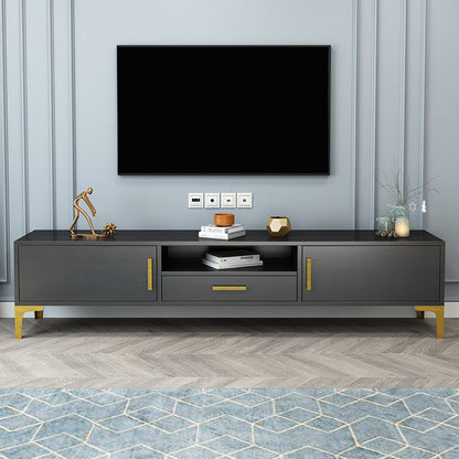 Mueble para TV Glam negro, mueble para TV de madera de ingeniería con patas de acero inoxidable