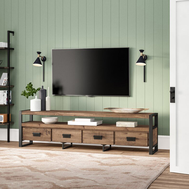 Brown Media Console mit Regalen Industriekiefern Holz Top -TV -Medienstand