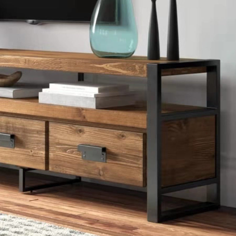 Brown Media Console mit Regalen Industriekiefern Holz Top -TV -Medienstand