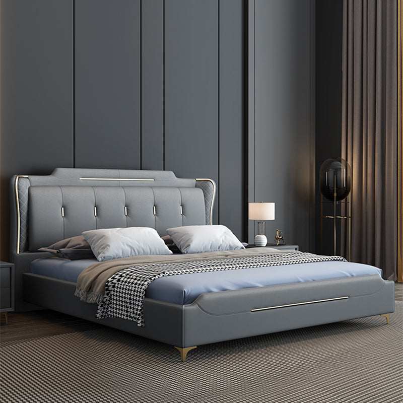 Cama de panel glamoroso de cuero sintético con cabecera tapizada de madera