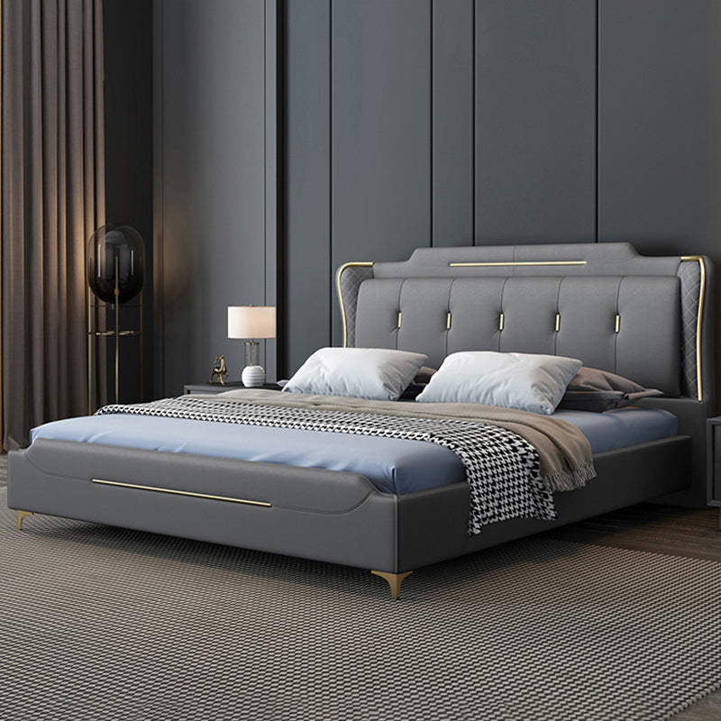 Cama de panel glamoroso de cuero sintético con cabecera tapizada de madera