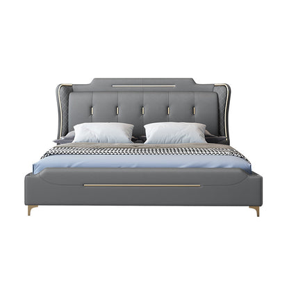 Cama de panel glamoroso de cuero sintético con cabecera tapizada de madera