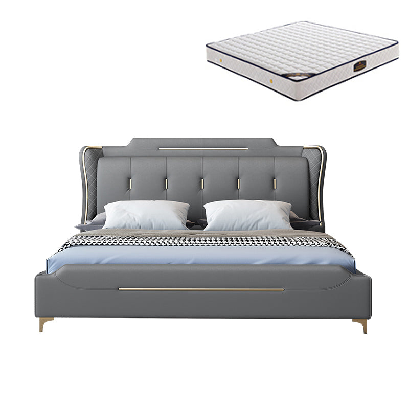 Cama de panel glamoroso de cuero sintético con cabecera tapizada de madera