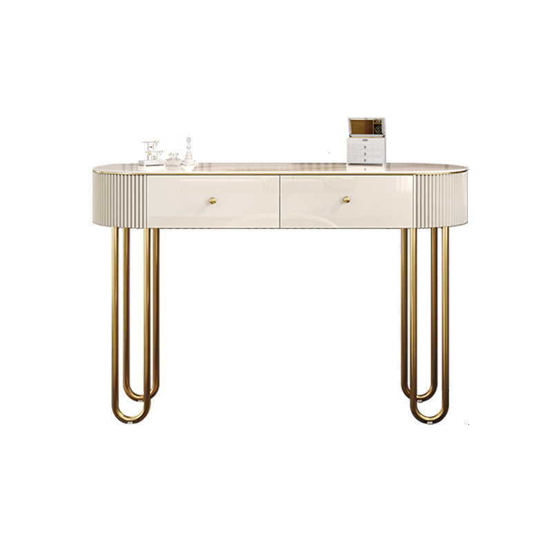 Beige Vanity Metal Makeup Dressing Table Stool Set in Glossy Finish Makeup Vanity 31"L x 16"W x 31"H Clearhalo 'Bedroom Furniture' 'furn' 'furn_makeup_vanities' 'Furniture' 'Makeup Vanities' 'makeup_vanities' 5689081