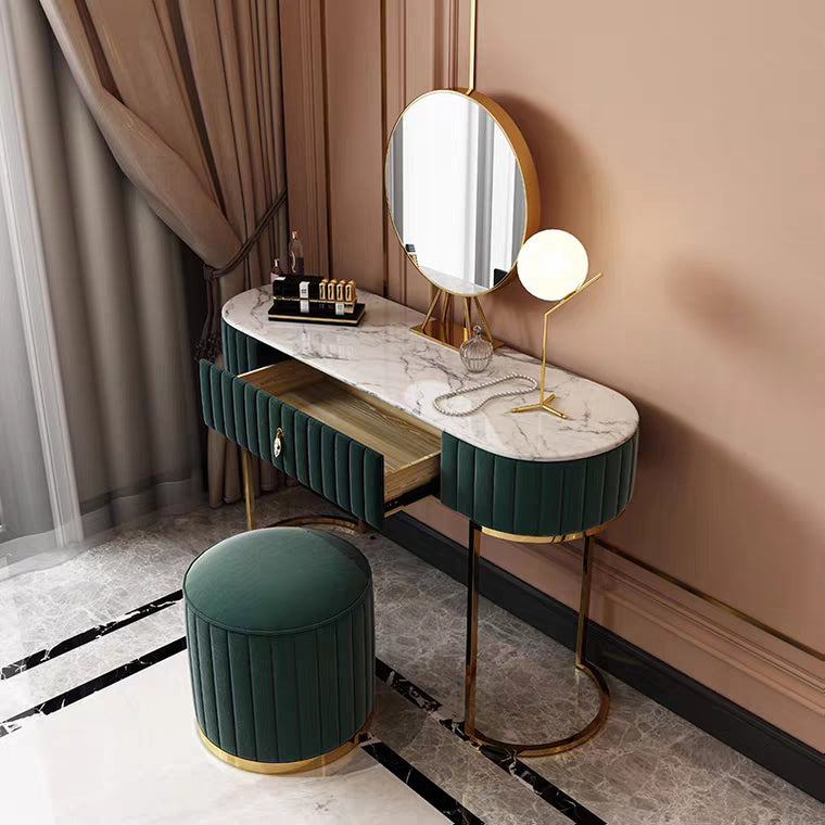 Metal Mirrored Vanity Desk with 1 Drawer Marble Top Dressing Table