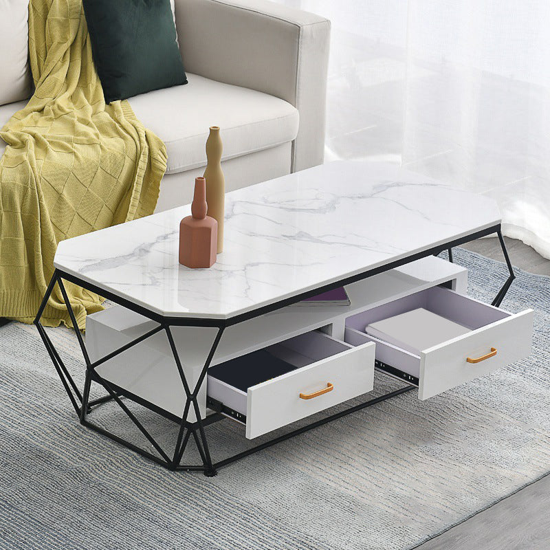 17.7" H Glam Rectangle Coffee Table Iron Frame Cocktail Table with 2 Drawers