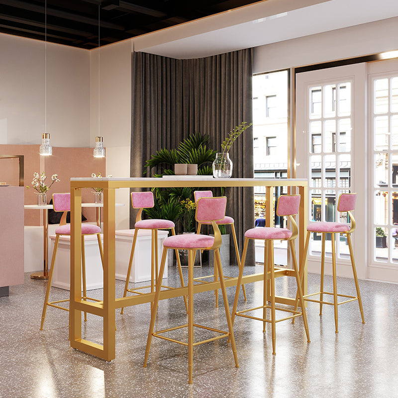 Rectangle Bar Table and Stools 1/4/7 Pieces Sintered Stone Bar Table with Low Back Stools 7 Pieces: Table, 6 Pink Stools Clearhalo 'Bar Furniture' 'furn' 'furn_home_bar_bar_sets' 'Furniture' 'Home Bars & Bar Sets' 'home_bar_bar_sets' 'Kitchen & Dining Furniture' 5690322
