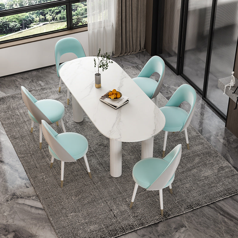 Stone Oval Dining Table Simple White Furniture with Solid Wood Double Pedestal 78.7"L x 31.5"W x 29.5"H Without Chairs Clearhalo 'Dining Tables & Seating' 'Dining Tables' 'dining_table' 'furn' 'furn_dining_table' 'Furniture' 'Kitchen & Dining Furniture' 5691445
