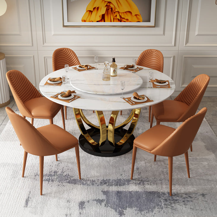 Contemporary Round Turntable Faux Leather Dining Set Stone 1/4/7 Pieces Dining Furniture 7 Pieces: Table, 6 Orange Chairs Clearhalo 'Dining Room Sets' 'Dining Tables & Seating' 'dining_room_set' 'furn' 'furn_dining_room_set' 'Furniture' 'Kitchen & Dining Furniture' 5691863