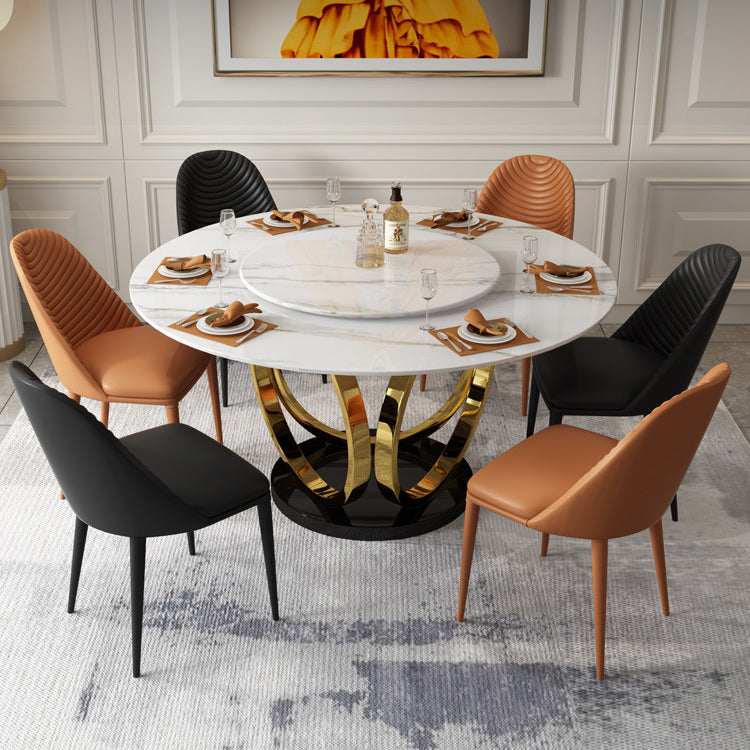 Contemporary Round Turntable Faux Leather Dining Set Stone 1/4/7 Pieces Dining Furniture 7 Pieces: Table, 3 Black+3 Orange Chairs Clearhalo 'Dining Room Sets' 'Dining Tables & Seating' 'dining_room_set' 'furn' 'furn_dining_room_set' 'Furniture' 'Kitchen & Dining Furniture' 5691865