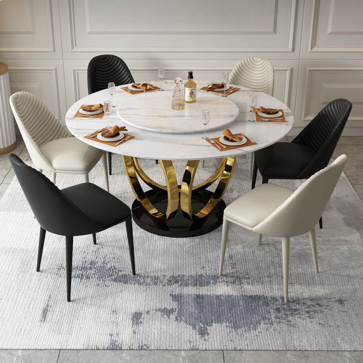 Contemporary Round Turntable Faux Leather Dining Set Stone 1/4/7 Pieces Dining Furniture 7 Pieces: Table, 3 White Chairs +3 Black Chairs Clearhalo 'Dining Room Sets' 'Dining Tables & Seating' 'dining_room_set' 'furn' 'furn_dining_room_set' 'Furniture' 'Kitchen & Dining Furniture' 5691868