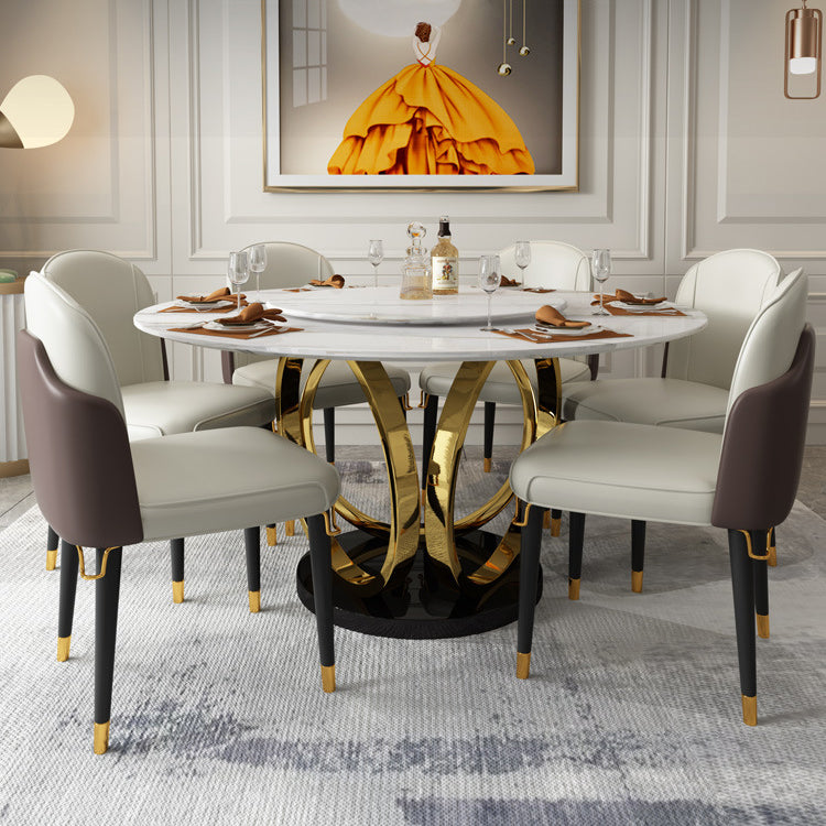 Contemporary Round Turntable Faux Leather Dining Set Stone 1/4/7 Pieces Dining Furniture 7 Pieces: Table, 6 Brown Chairs Clearhalo 'Dining Room Sets' 'Dining Tables & Seating' 'dining_room_set' 'furn' 'furn_dining_room_set' 'Furniture' 'Kitchen & Dining Furniture' 5691870