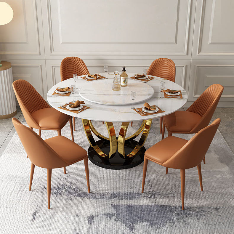 Contemporary Round Turntable Faux Leather Dining Set Stone 1/4/7 Pieces Dining Furniture Clearhalo 'Dining Room Sets' 'Dining Tables & Seating' 'dining_room_set' 'furn' 'furn_dining_room_set' 'Furniture' 'Kitchen & Dining Furniture' 5691877