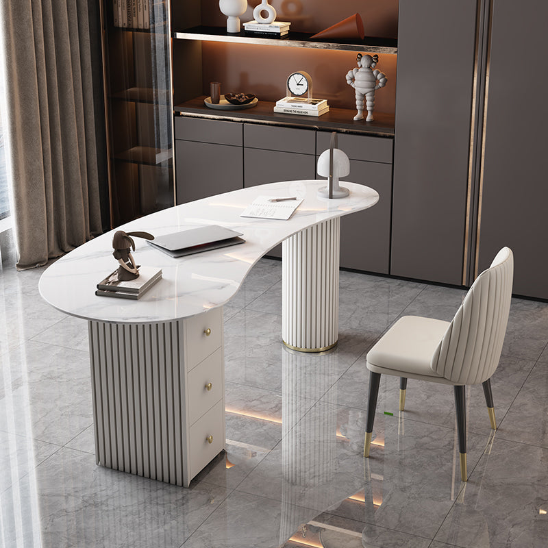 Unconventional Shape Office Desk Pedestal Glam Writing Desk in White 55.1"L x 31.5"W x 29.5"H Clearhalo 'furn' 'furn_office_desk' 'Furniture' 'Office Desks' 'Office Furniture' 'office_desk' 5692228