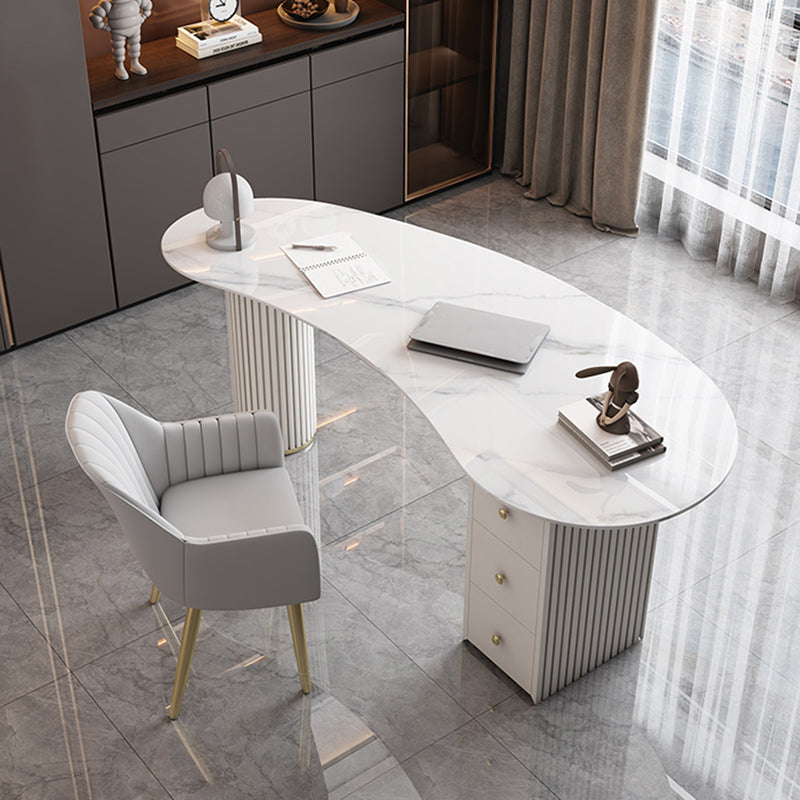 Unconventional Shape Office Desk Pedestal Glam Writing Desk in White Clearhalo 'furn' 'furn_office_desk' 'Furniture' 'Office Desks' 'Office Furniture' 'office_desk' 5692239