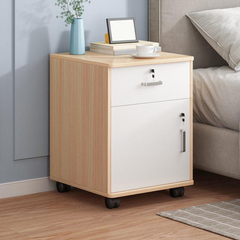 Modern Imitation Wood Bed Cabinet Drawer Lock Included Nightstand with Wheel 16"L x 14"W x 23"H Natural Wood White 1 Clearhalo 'Bedroom Furniture' 'furn' 'furn_night_stand' 'Furniture' 'night_stand' 'Nightstands' 5693203