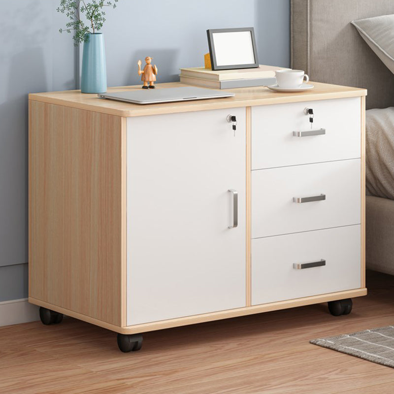Modern Imitation Wood Bed Cabinet Drawer Lock Included Nightstand with Wheel 24"L x 14"W x 23"H Natural Wood White 3 Clearhalo 'Bedroom Furniture' 'furn' 'furn_night_stand' 'Furniture' 'night_stand' 'Nightstands' 5693204