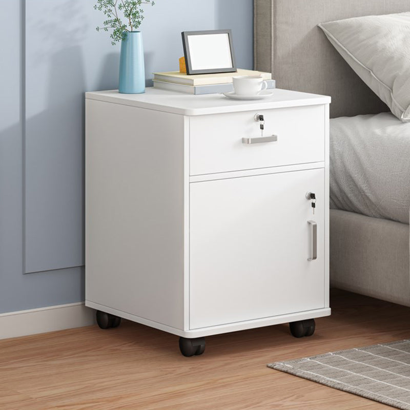 Modern Imitation Wood Bed Cabinet Drawer Lock Included Nightstand with Wheel 16"L x 14"W x 23"H White 1 Clearhalo 'Bedroom Furniture' 'furn' 'furn_night_stand' 'Furniture' 'night_stand' 'Nightstands' 5693206