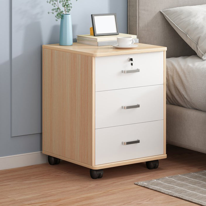 Modern Imitation Wood Bed Cabinet Drawer Lock Included Nightstand with Wheel 16"L x 14"W x 23"H Natural Wood White 3 Clearhalo 'Bedroom Furniture' 'furn' 'furn_night_stand' 'Furniture' 'night_stand' 'Nightstands' 5693213