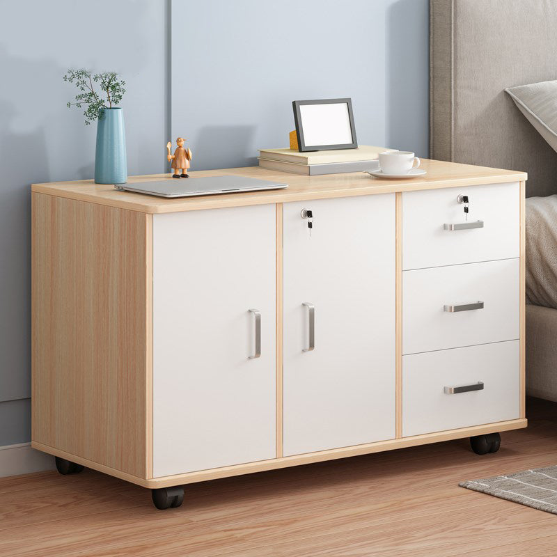 Modern Imitation Wood Bed Cabinet Drawer Lock Included Nightstand with Wheel 31.5"L x 14"W x 23"H Natural Wood White 3 Clearhalo 'Bedroom Furniture' 'furn' 'furn_night_stand' 'Furniture' 'night_stand' 'Nightstands' 5693222