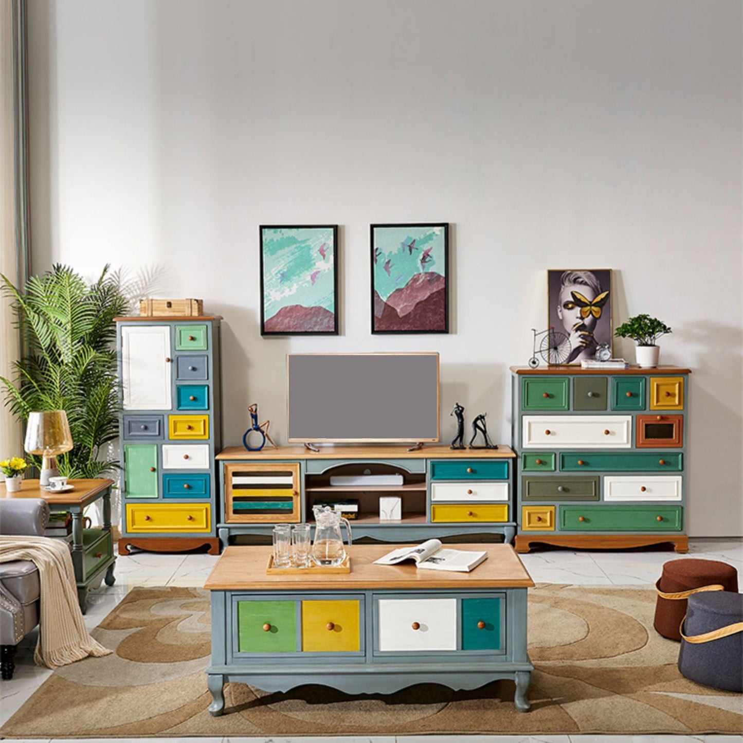 Cómoda de almacenamiento de madera artificial, cómoda vintage con cajones