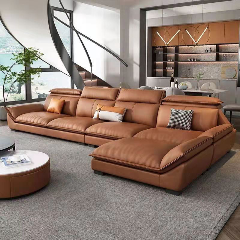 Modern 3/4-Seater Faux Leather Sofa & Chaise 68.9" D Pillow Top Arm Sofa 130"L x 69"W x 31"H Orange Clearhalo 'furn' 'furn_sectionals' 'Furniture' 'Living Room Furniture' 'Sectionals' 5702046