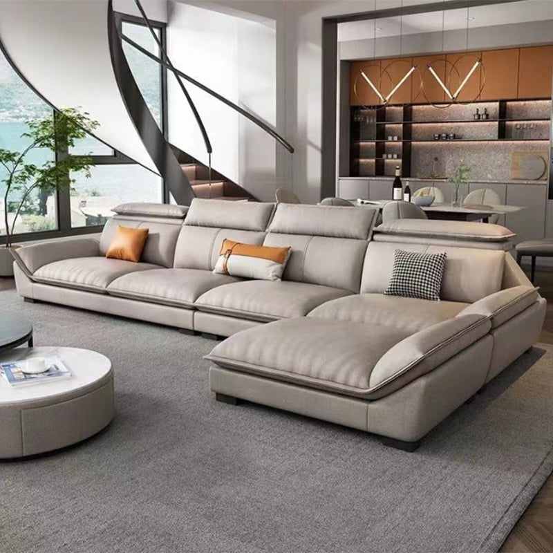 Modern 3/4-Seater Faux Leather Sofa & Chaise 68.9" D Pillow Top Arm Sofa 130"L x 69"W x 31"H Light Gray Clearhalo 'furn' 'furn_sectionals' 'Furniture' 'Living Room Furniture' 'Sectionals' 5702047