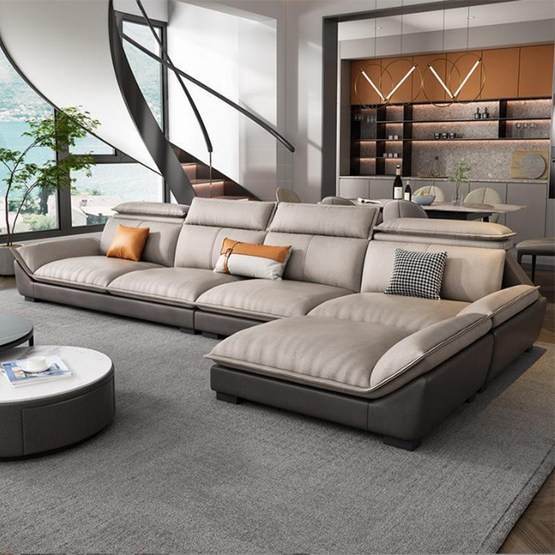 Modern 3/4-Seater Faux Leather Sofa & Chaise 68.9" D Pillow Top Arm Sofa 130"L x 69"W x 31"H Dark Grey Light Grey Clearhalo 'furn' 'furn_sectionals' 'Furniture' 'Living Room Furniture' 'Sectionals' 5702048