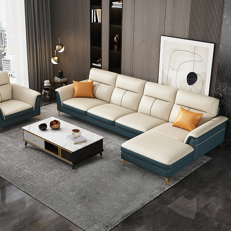 Pillow Top Arm Genuine Leather Sectionals, Cushion Back 36.2" Sectional Sofa in Ivory Clearhalo 'furn' 'furn_sectionals' 'Furniture' 'Living Room Furniture' 'Sectionals' 5702146