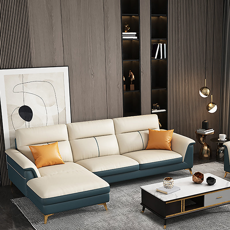 Pillow Top Arm Genuine Leather Sectionals, Cushion Back 36.2" Sectional Sofa in Ivory Clearhalo 'furn' 'furn_sectionals' 'Furniture' 'Living Room Furniture' 'Sectionals' 5702148