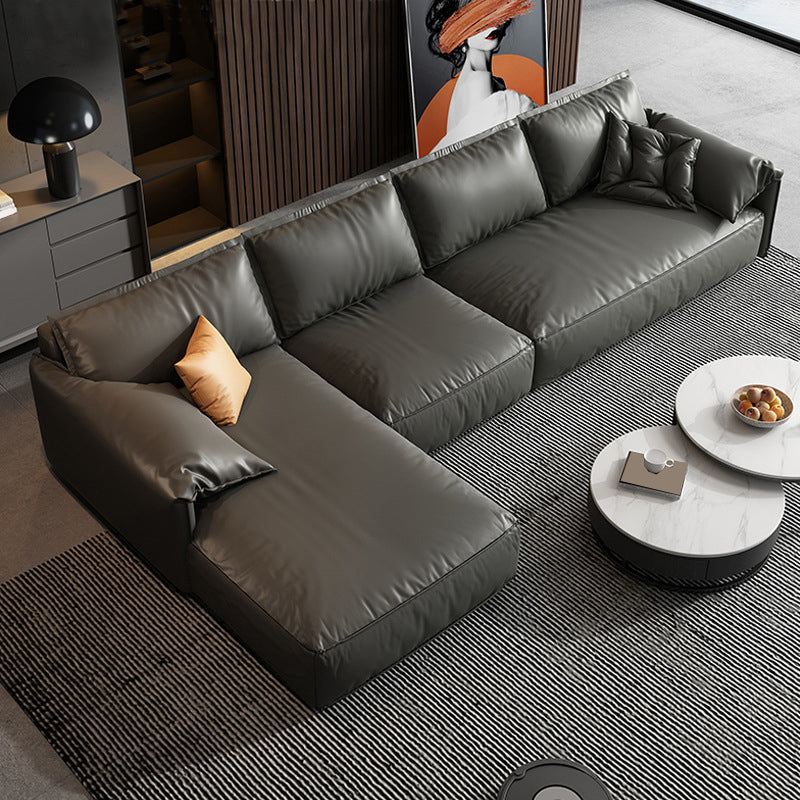 Sezionali di cuscini in pelle vera nera sezioni fisse in legno da 70 "