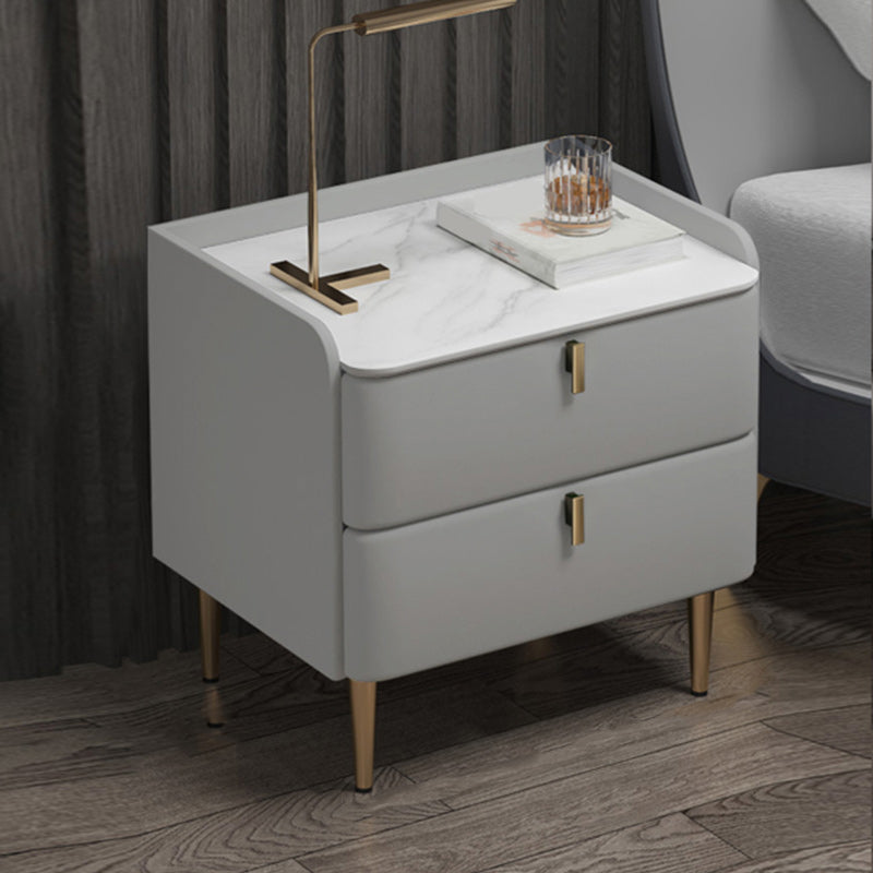 Modern Stone Top Bed Nightstand Solid Wood Faux Leather Drawer Storage Night Table 16"L x 16"W x 18.5"H Light Gray Clearhalo 'Bedroom Furniture' 'furn' 'furn_night_stand' 'Furniture' 'night_stand' 'Nightstands' 5705853