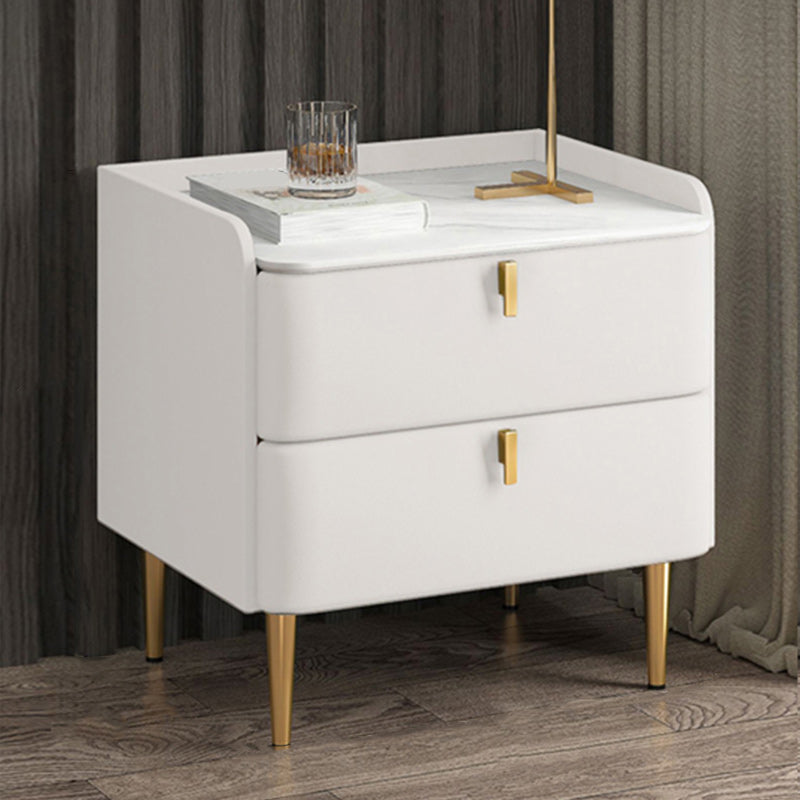 Modern Stone Top Bed Nightstand Solid Wood Faux Leather Drawer Storage Night Table 16"L x 16"W x 18.5"H Off-White Clearhalo 'Bedroom Furniture' 'furn' 'furn_night_stand' 'Furniture' 'night_stand' 'Nightstands' 5705864