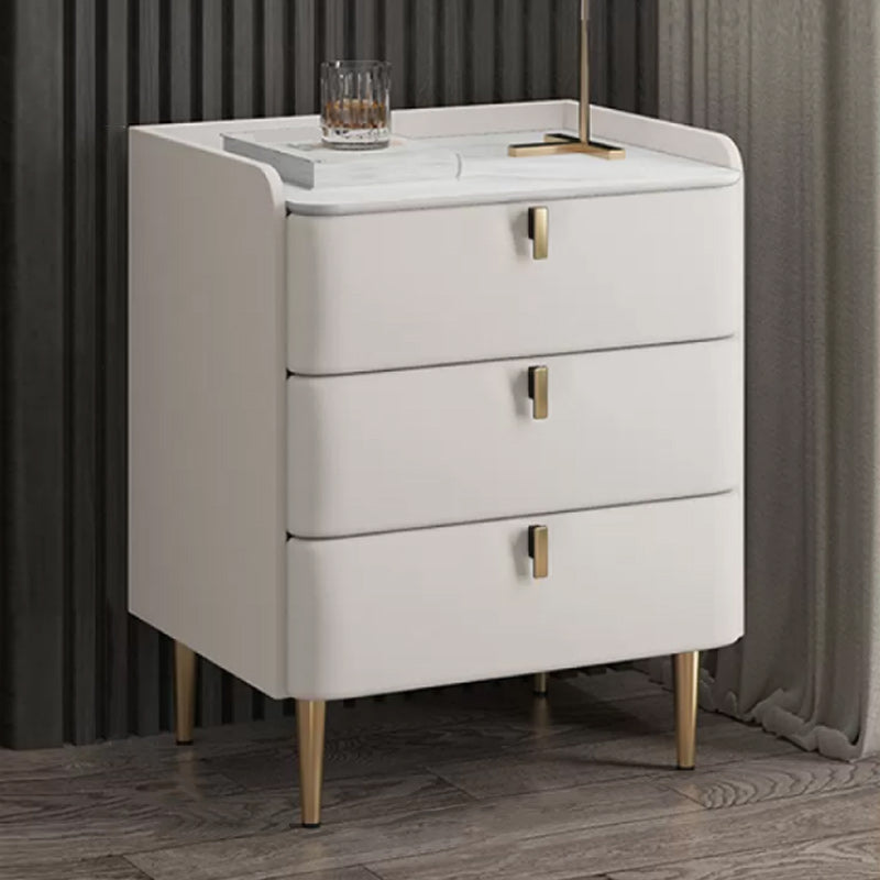 Modern Stone Top Bed Nightstand Solid Wood Faux Leather Drawer Storage Night Table 16"L x 16"W x 22.5"H Off-White Clearhalo 'Bedroom Furniture' 'furn' 'furn_night_stand' 'Furniture' 'night_stand' 'Nightstands' 5705868