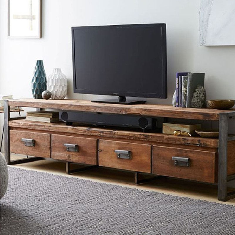 Industrial Style 4-Drawer TV Stand 21.65" H Wood & Iron Antique Brown TV Console 87"L x 16"W x 22"H Clearhalo 'furn' 'furn_tv_stands_entertainment_centers' 'Furniture' 'Living Room Furniture' 'TV Stands & Entertainment Centers' 'TV Stands & Media Storage Furniture' 'tv_stands_entertainment_centers' 5706537