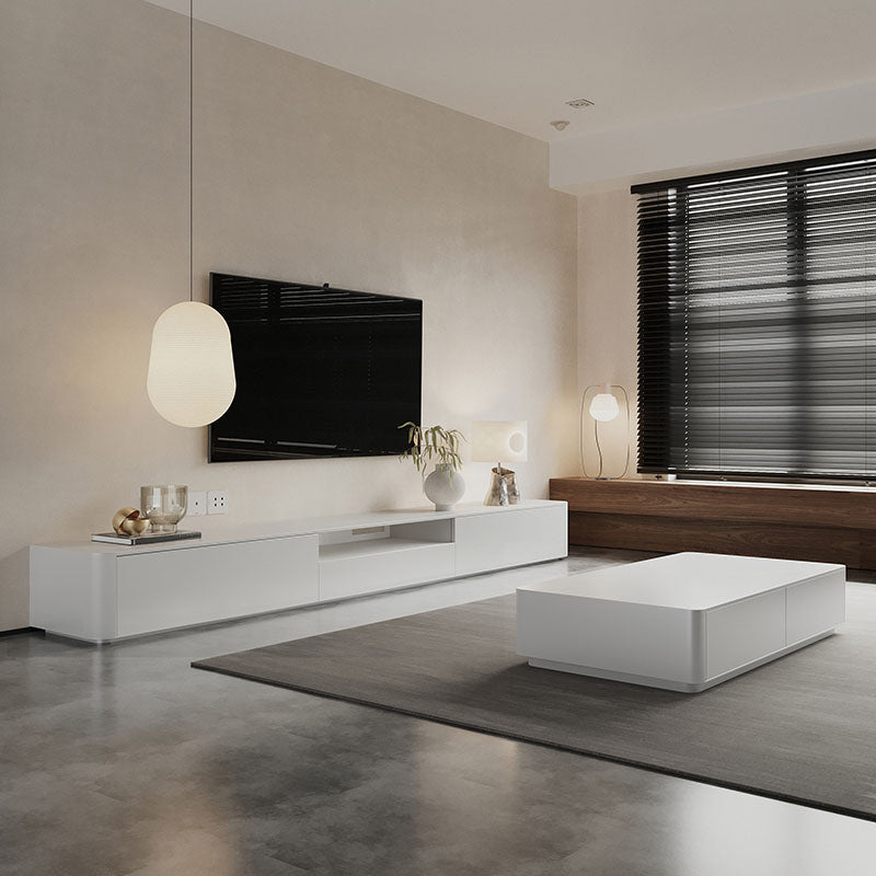 Contemporary Wood TV Stand 3 Drawers and Open Shelf TV Cabinet in White 79"L x 16"W x 14"H Clearhalo 'furn' 'furn_tv_stands_entertainment_centers' 'Furniture' 'Living Room Furniture' 'TV Stands & Entertainment Centers' 'TV Stands & Media Storage Furniture' 'tv_stands_entertainment_centers' 5706548