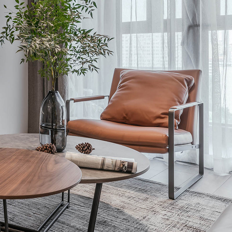 Sedia a braccio di slitta moderna di metà secolo in finta poltrona di accento in pelle per soggiorno