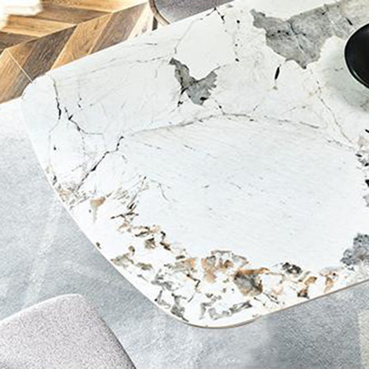 長方形の石のトップダイニングテーブルリビングルームのためのモダンなメタルベースダイニングテーブル