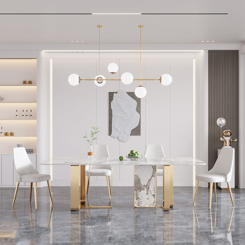 Mesa de mesa superior de piedra sinterizada de lujo con pedestal doble en oro