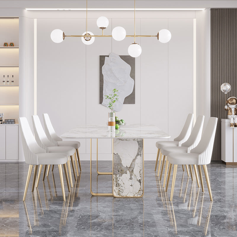 Mesa de mesa superior de piedra sinterizada de lujo con pedestal doble en oro