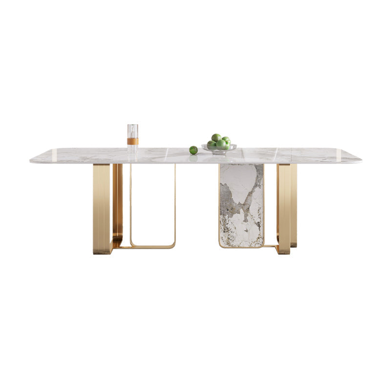 Mesa de mesa superior de piedra sinterizada de lujo con pedestal doble en oro