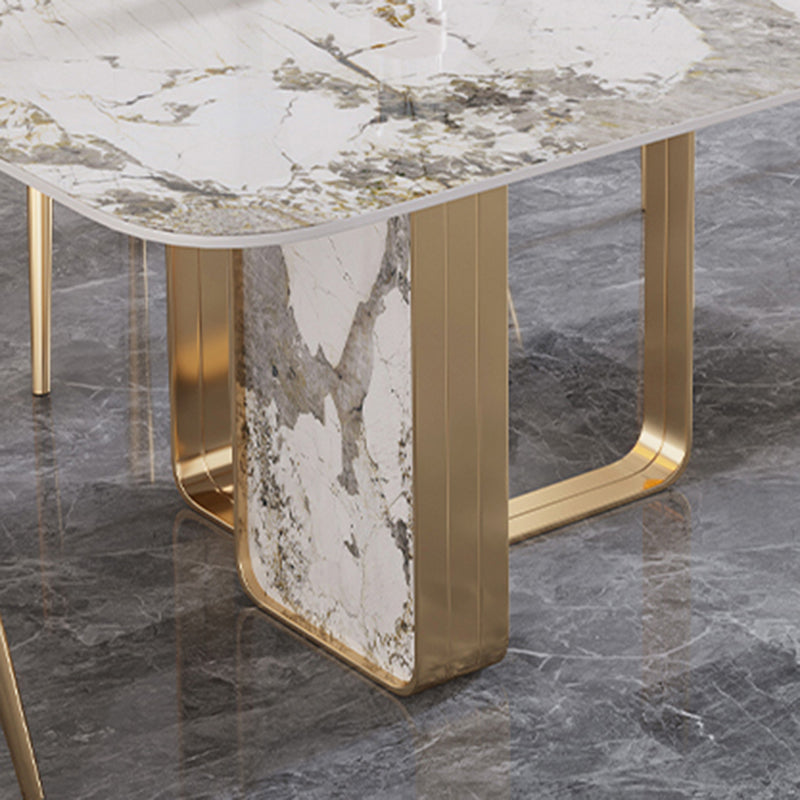 Mesa de mesa superior de piedra sinterizada de lujo con pedestal doble en oro