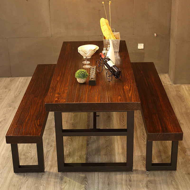 Mesa de comedor industrial Mesa de comedor de madera maciza marrón con base de caballete