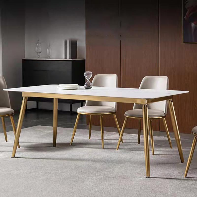 Mesa de comedor moderna de rectángulo Mesa base de metal de oro de piedra blanca sinterizada